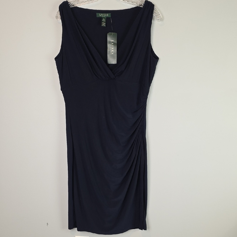Lauren Ralph Lauren Navy Sleeveless V-Neck Ruched Sheath Dress - Picture 3 of 9